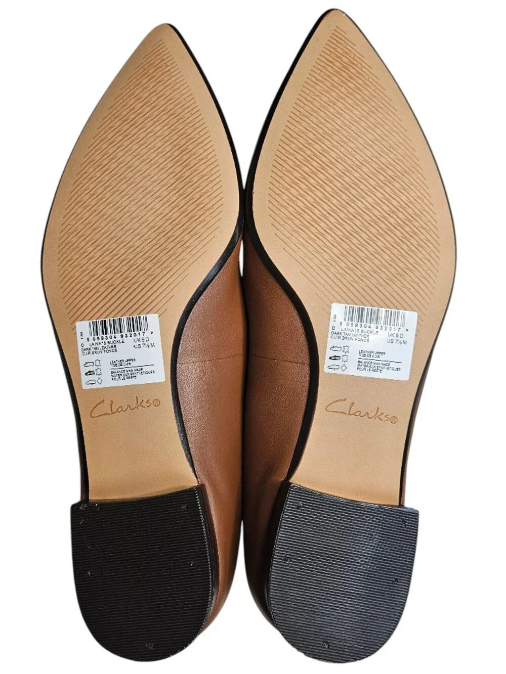 Clarks Laina 15 Buckle Dark Tan Leather Pointed Toe Loafer Flat, 7.5M, NWT